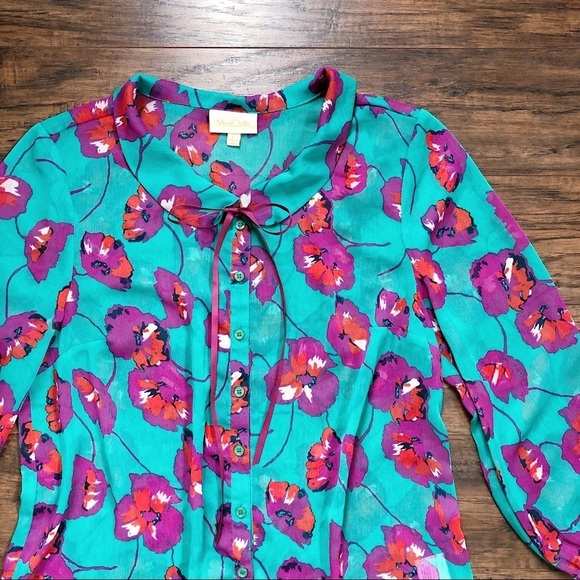 ModCloth • Jade Floral poppy print Peter Pan collar blouse chiffon bow tie neck - Picture 4 of 11